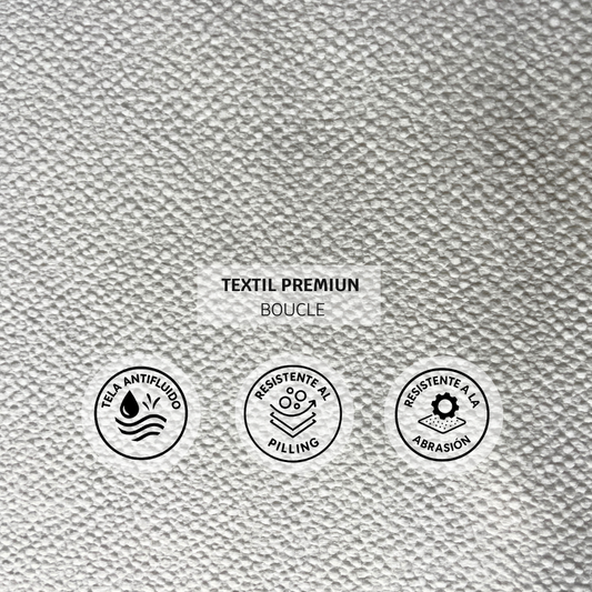 Detalle tela de poltrona nube giratoria con base sólida en madera.