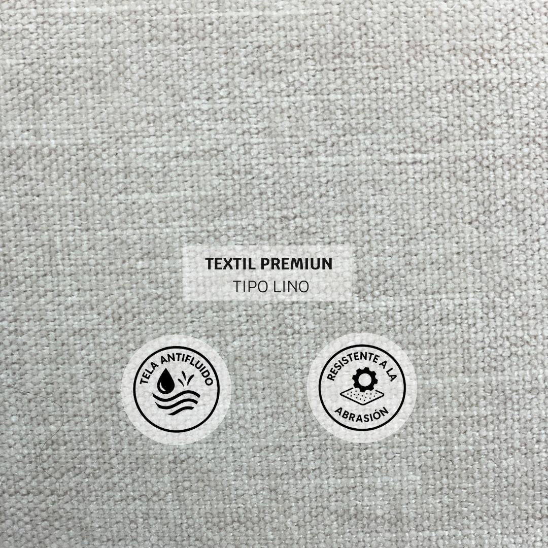 Detalle de tela premium tipo lino de la sala en L personalizable con espuma de alta tecnología y tapizado suave, fabricada en Colombia.
