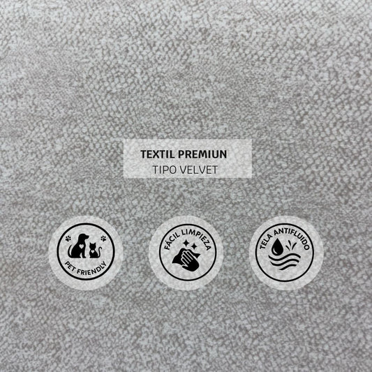 Sofá Cama Alemán, acercamiento tela premium tipo velvet, con diseño moderno y color blanco personalizable.