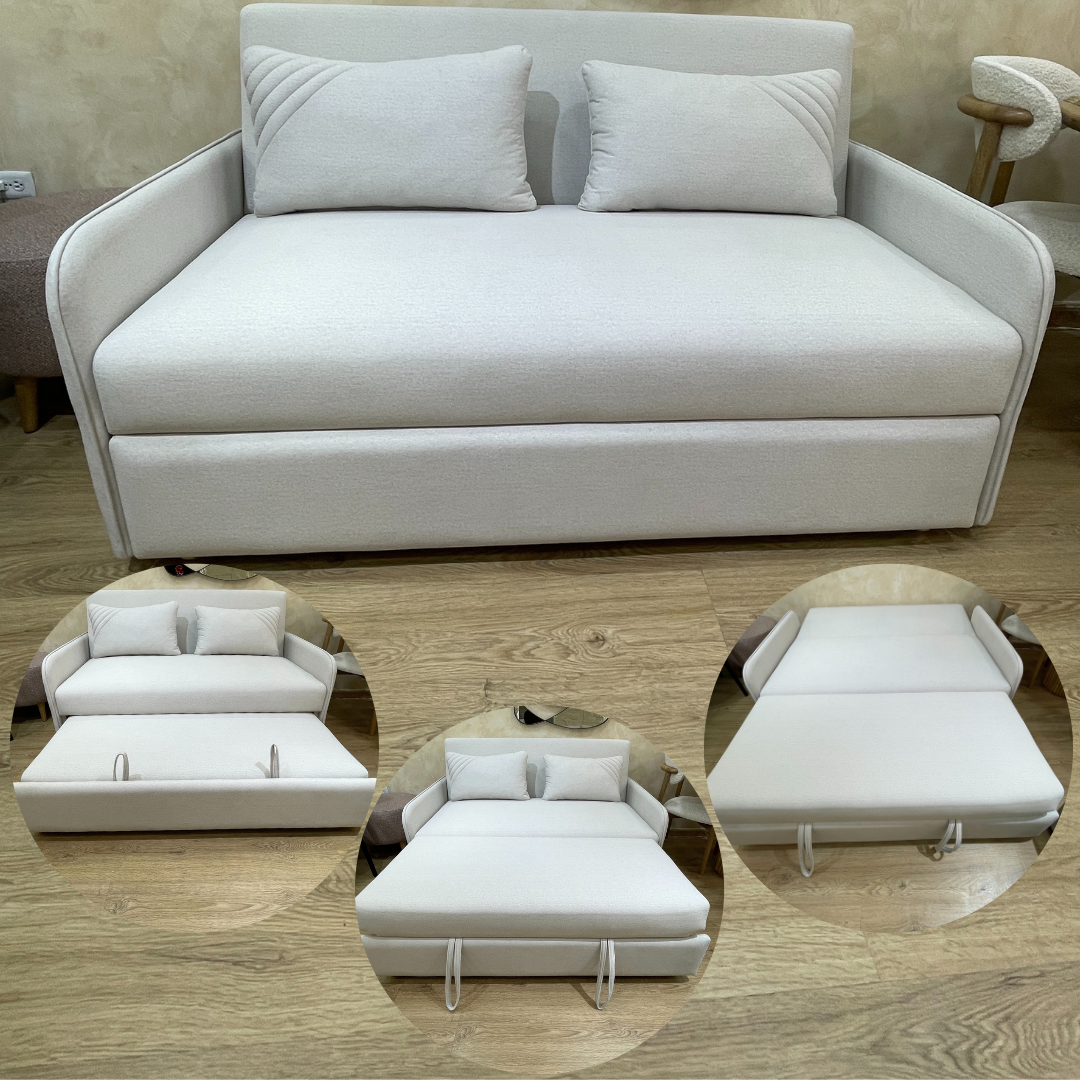Sofá Cama Alemán en vista general con opciones de ampliación y funcionalidad, se convierte en cama, y tiene diseño moderno y color blanco personalizable.