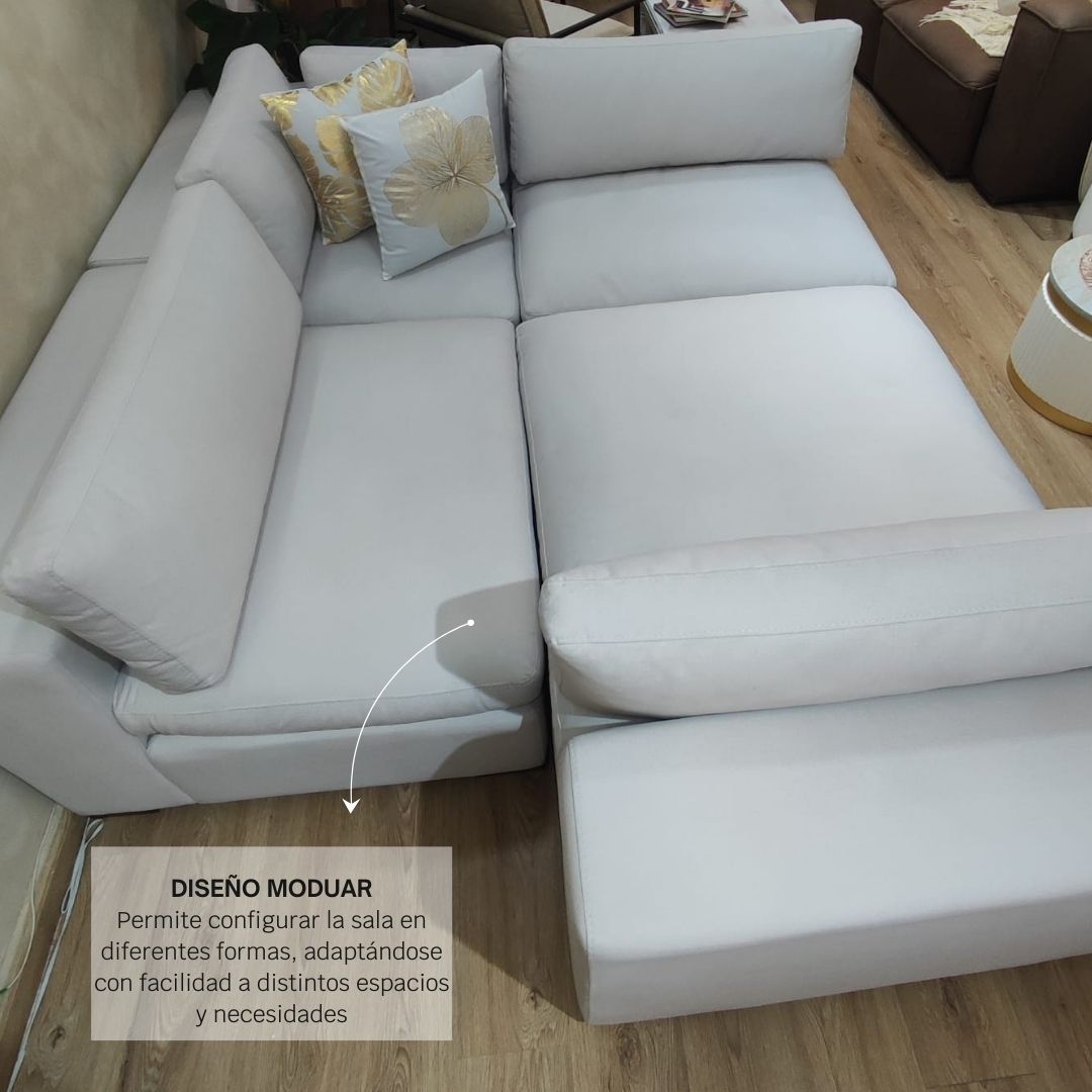 Vista superior de los módulos de la Sala Modular París en forma de L, diseño moderno y personalizable.