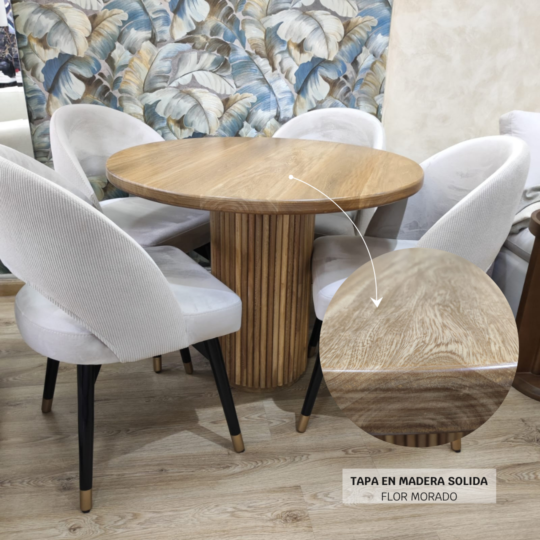 Detalle de la base alistonada en madera flor morado del Comedor Toscana.