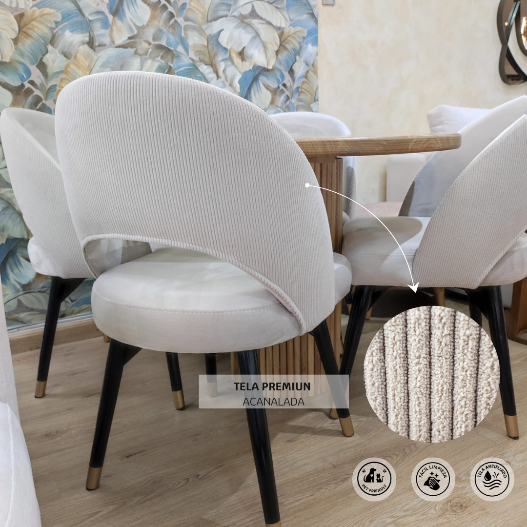 Sillas del Comedor Toscana con estructura en madera flor morado y tapizado beige en tela premium acanalada.