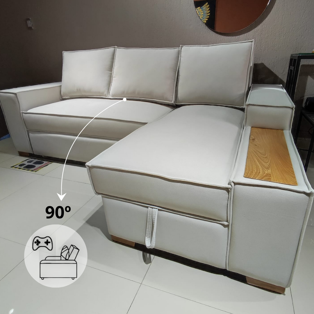 Vista frontal de la Sala Cama Alemán, sofá moderno convertible con diseño minimalista.