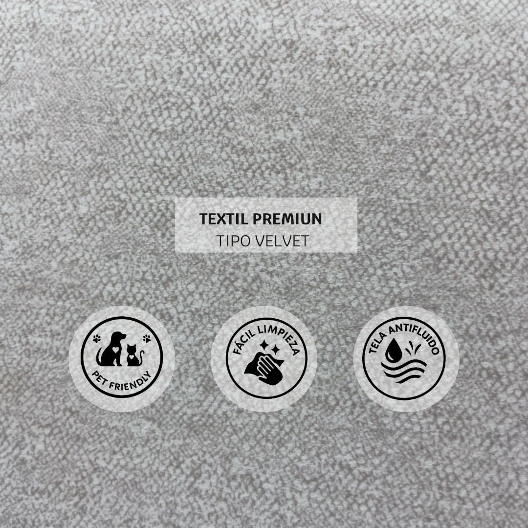 Sofá Cama Alemán, acercamiento tela premium tipo velvet, con diseño moderno y color blanco personalizable.