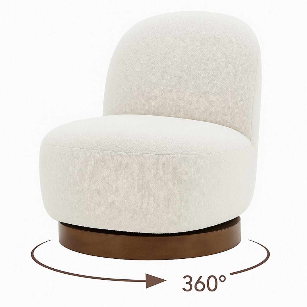Detalle giro depoltrona nube giratoria con base sólida en madera y tela premium tipo boucle.e 