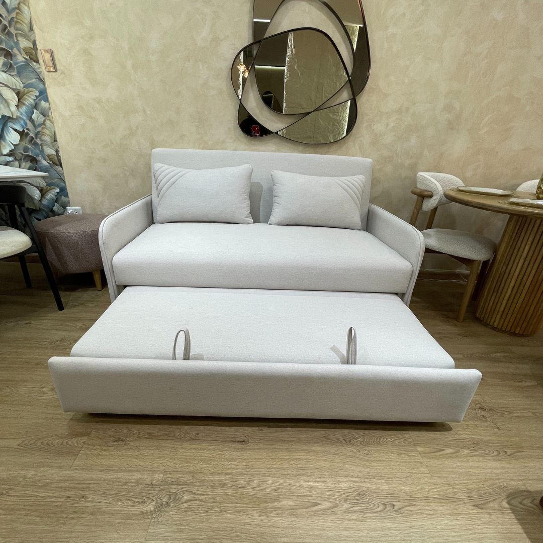 Sofá Cama Alemán en vista ampliada, con cama desplegable, diseño moderno y color blanco personalizable.