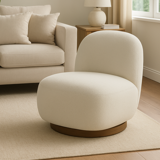 Poltrona nube giratoria con base sólida en madera y tela premium tipo boucle.