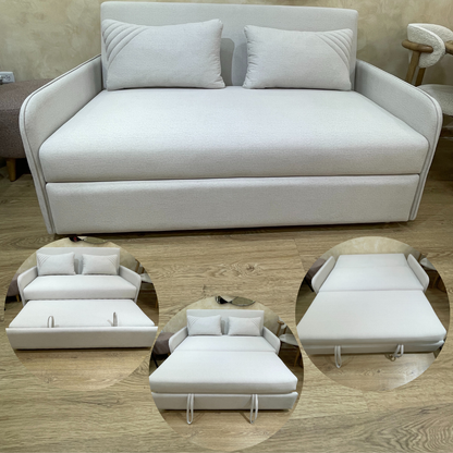 Sofá Cama Alemán en vista general con opciones de ampliación y funcionalidad, se convierte en cama, y tiene diseño moderno y color blanco personalizable.