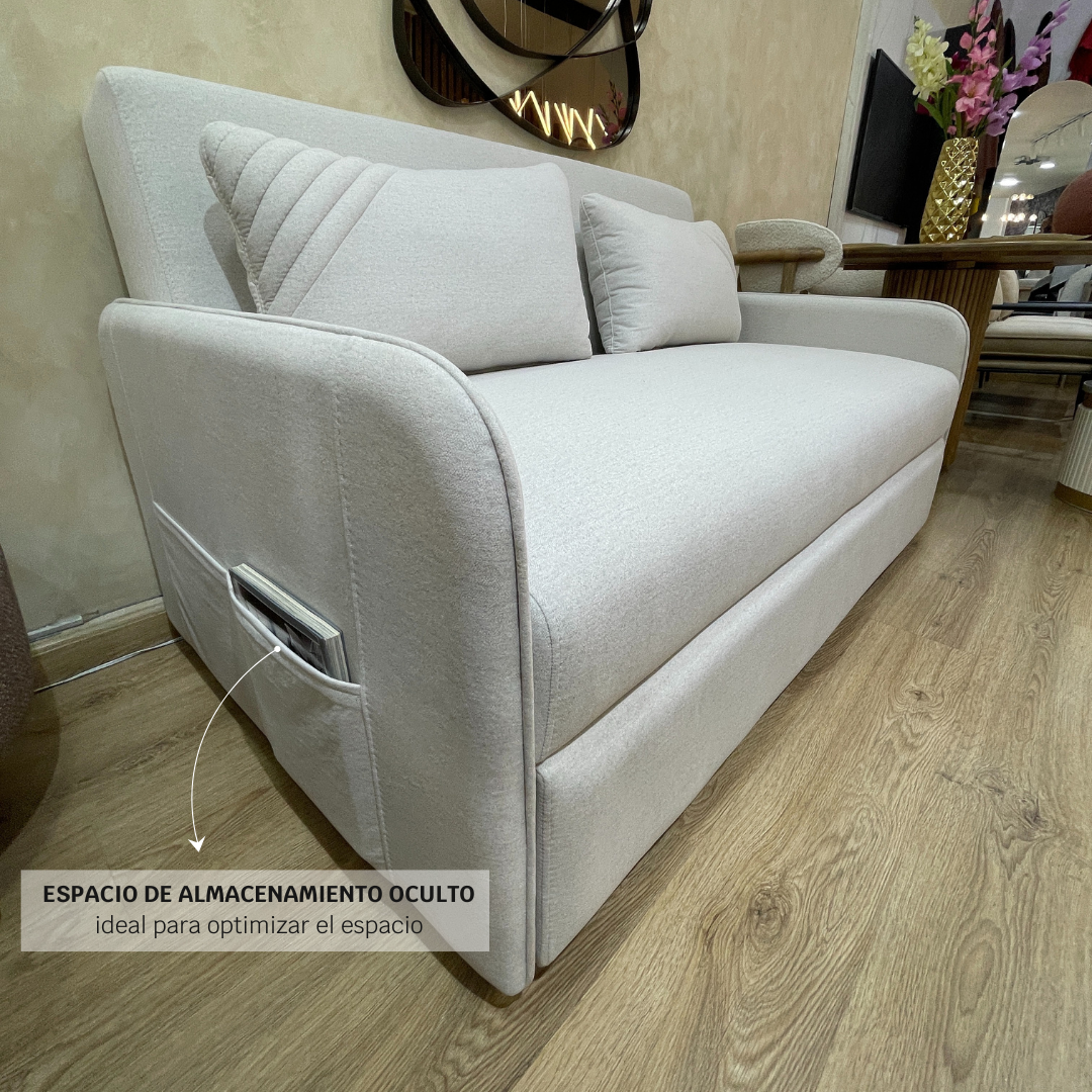 Detalle de espacio de almacenamiento oculto de sofa cama aleman en vista lateral