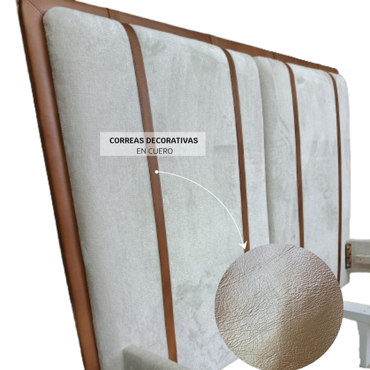 Detalle correas cama moderna tapizada en bouclé con correas de cuero auténtico – Progetto Interiores