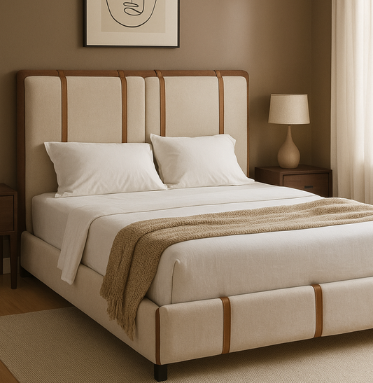 Cama moderna tapizada en bouclé con correas de cuero auténtico – Progetto Interiores