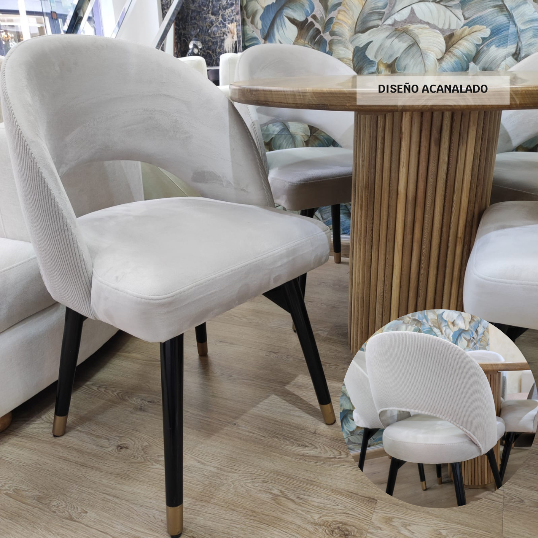 Sillas del Comedor Toscana con estructura en madera flor morado y tapizado beige en tela premium con diseño acanalado y patas en poliuretano