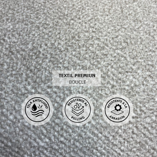 Detalle de costuras visibles en el Sofá Nube con tapizado resistente y suave en tela boucle premium.